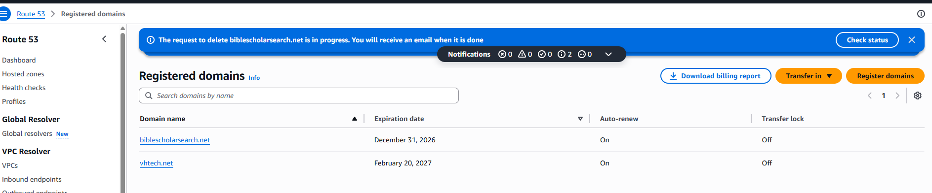 biblescholar aws domain delete