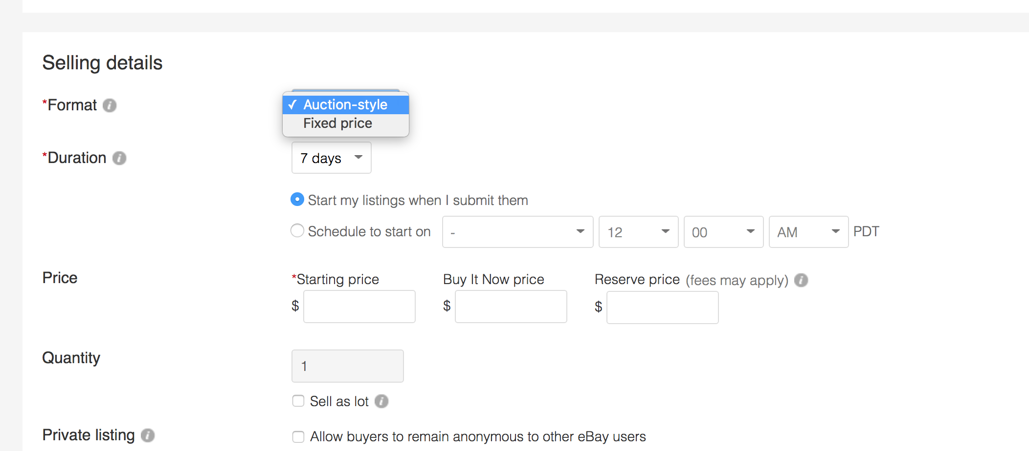 Ebay Listing Format Options