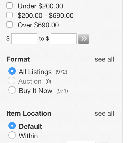Ebay Search Options side panel